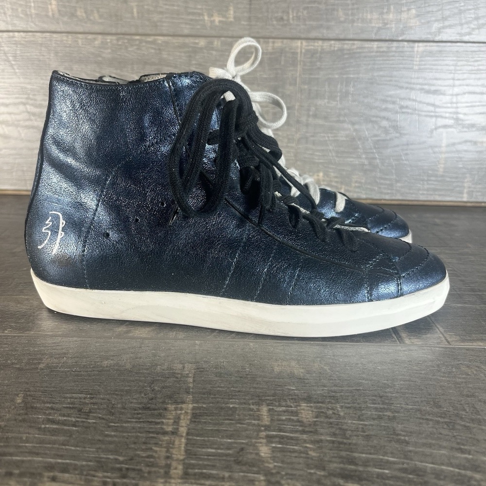 Tod's Made In Italy High Top Sneakers Navy Metallic Leather Size 36 Side Zip